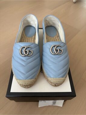 Gucci Baby Blue Quilted Espadrille Loafers with Double G